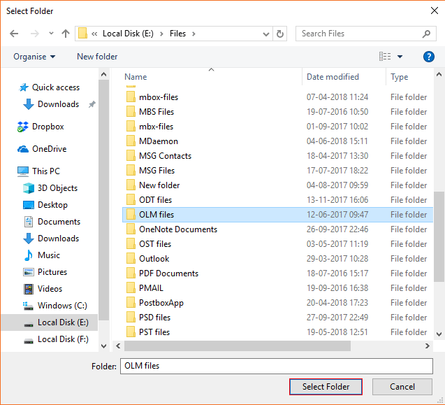 Select OLM folder