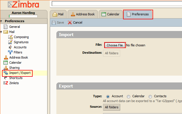 import TGZ file in Zimbra